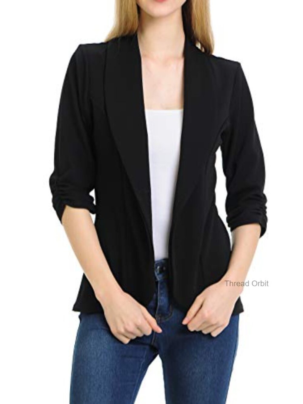 Women's 3/4 Ruched Sleeve Lightweight Blazer Jacket Work Office